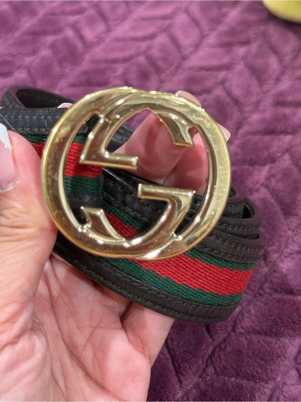 Gucci Green and Red Web Stripe Belt with Gold Double G Buckle
